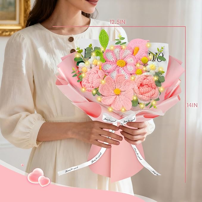 Crochet Flower Bouquet, Pink Knitted Flowers, Handmade Crochet Roses Calla Lily Gasang for Lover Anniversary Birthday Party Mother's Day Graduation Gifts (Pink)