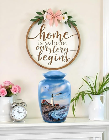Lighthouse Urn - Full Size Portland Head Lighthouse Cremation Urn – Adult Urns for Men and Women – Ocean Blue Funeral and Memorial Urns for Human Ashes Upto 210 Lbs with Velvet Bag (Large)