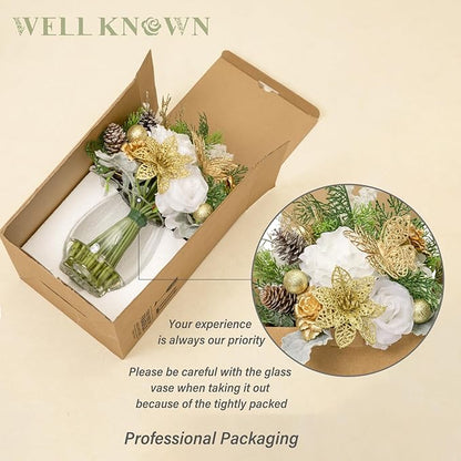 Fake Flowers in Vase, Golden Shimmer Poinsettia & Butterfly, Artificial Rose Flowers Arrangement Centerpiece for Dining Table Wedding Party Fall Winter Home Christmas Decor Gift (Gold White & Green)