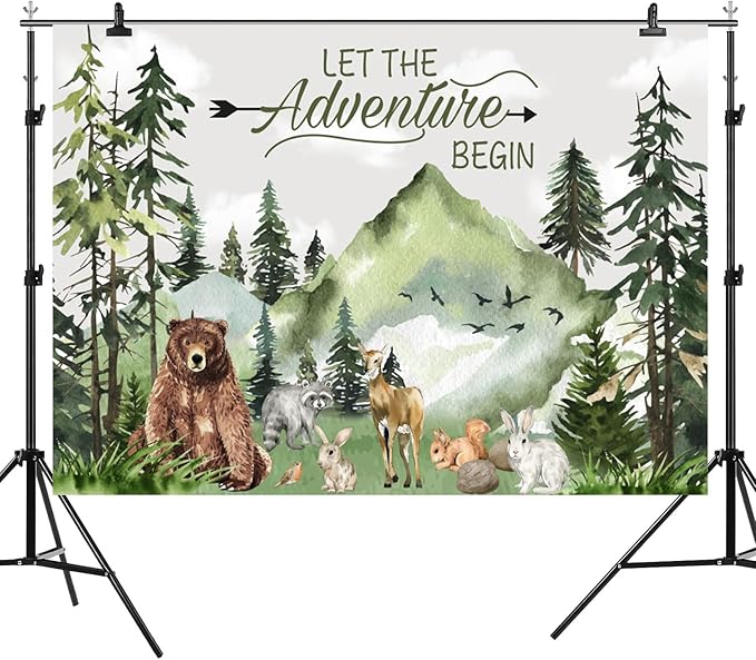 15x8ft Baby Shower Backdrop Mountain Forest Wild Animal Photography Background Cartoon Bear Woodland Green Trees White Cloud Birthday Party Banner Decorations Gender Reveal Photo Booth Prop
