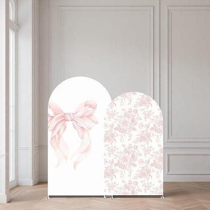 2Pcs Toile de Jouy Pink Bow and Floral Arch Backdrop Covers, Romantic French Style Spandex Arch Covers for Baby Shower, Girl Birthday, Wedding Party Decorations (6ft,5ft)