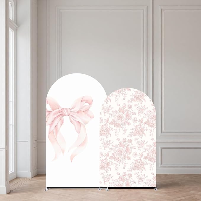 2Pcs Toile de Jouy Pink Bow and Floral Arch Backdrop Covers, Romantic French Style Spandex Arch Covers for Baby Shower, Girl Birthday, Wedding Party Decorations (7.2ft,6ft)