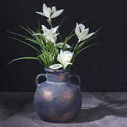 5.9in Rustic Ceramic Farmhouse Flower Small Vase, Black Terracotta Pottery Decorative Vases Distressed, Round Vases with Handles for Home Wabi Sabi Coffee Table Entryway Decor or Kitchen Utensils