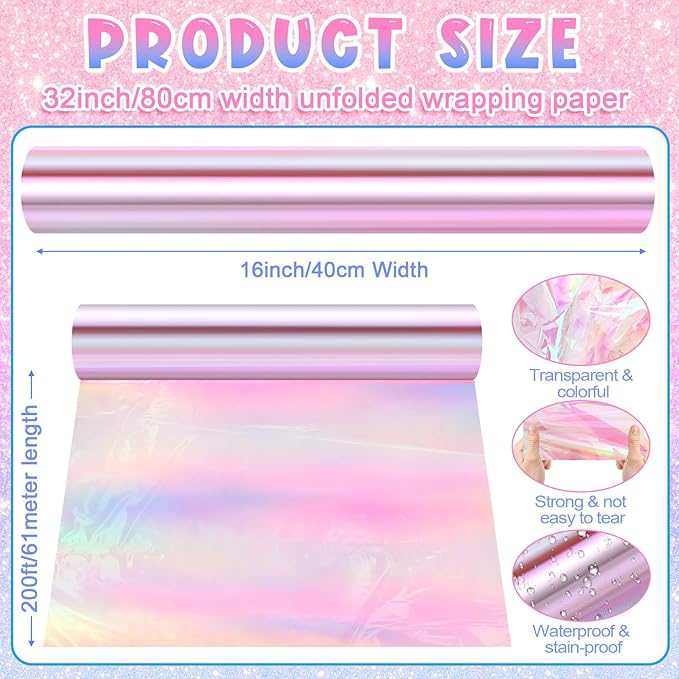 Seajan 32 in x 200 ft Iridescent Cellophane Wrap Roll, Rainbow Wrapping Paper Holographic Cellophane Wrap for Baskets Flower Bouquet DIY Treats Christmas Gifts Wrapping (Red Iridescent)