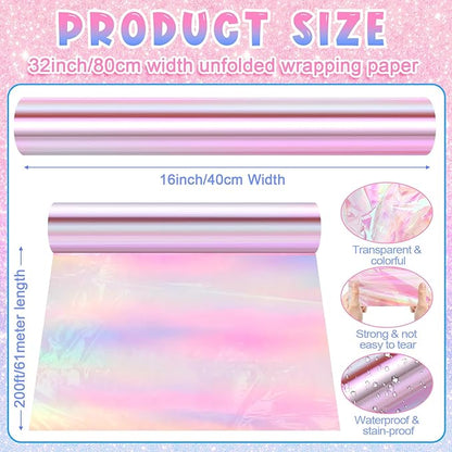 Seajan 32 in x 200 ft Iridescent Cellophane Wrap Roll, Rainbow Wrapping Paper Holographic Cellophane Wrap for Baskets Flower Bouquet DIY Treats Christmas Gifts Wrapping (Red Iridescent)