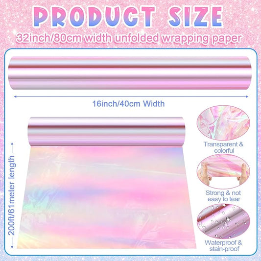 Seajan 32 in x 200 ft Iridescent Cellophane Wrap Roll, Rainbow Wrapping Paper Holographic Cellophane Wrap for Baskets Flower Bouquet DIY Treats Christmas Gifts Wrapping (Red Iridescent)