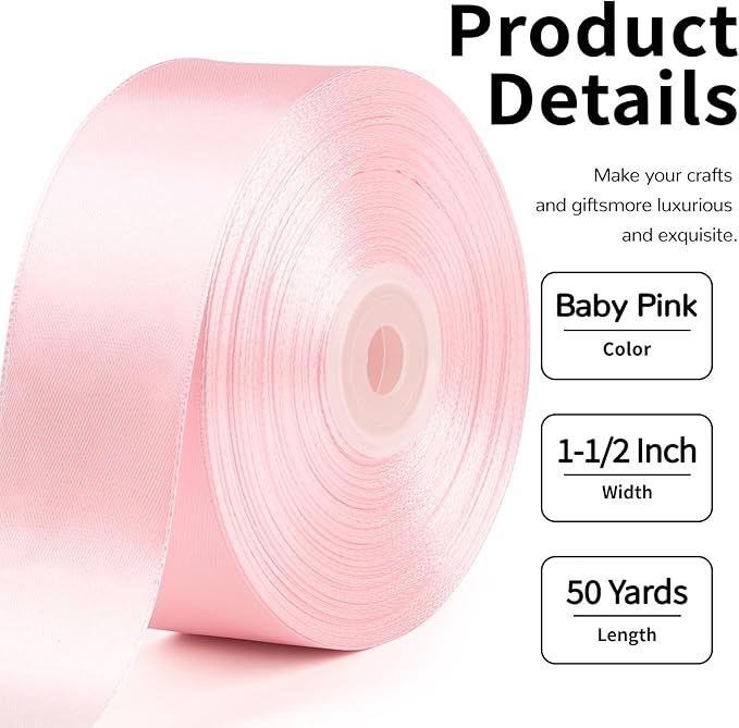 1-1/2 Inch Wide Baby Pink Satin Ribbon, 50 Yards Solid Polyester Fabric Ribbon for Roses Making, Gift Wrapping, Christmas, Wedding Decorations, Crafts, Bows, Flower Bouquets