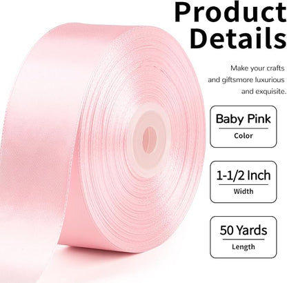 1-1/2 Inch Wide Baby Pink Satin Ribbon, 50 Yards Solid Polyester Fabric Ribbon for Roses Making, Gift Wrapping, Christmas, Wedding Decorations, Crafts, Bows, Flower Bouquets