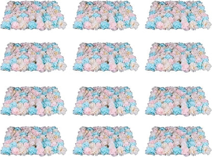 12Pcs 15.75" x 23.62x 0.79 Artificial Flower Wall Panels,Flower Wall Mat Silk Flower Panels for Outdoor Garden Backyard Fence Fence Privacy Screen and Indoor Wall Decor(12Pcs White+Pink+Light Blue)