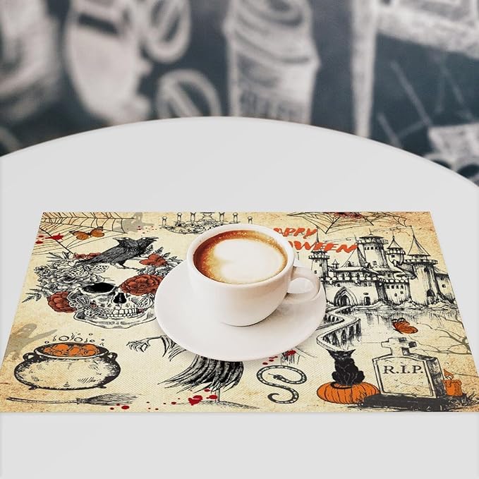 Halloween Placemats Vintage Rustic Farmhouse Gothic Dark Castle Halloween Witch Pumpkin Black Cat Raven Skull Moths Placemats Table Kitchen Dining Party 12x18 Inch Set of 6