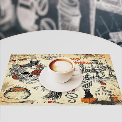 Halloween Placemats Vintage Rustic Farmhouse Gothic Dark Castle Halloween Witch Pumpkin Black Cat Raven Skull Moths Placemats Table Kitchen Dining Party 12x18 Inch Set of 6
