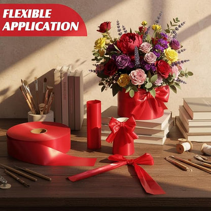 Syhood Outdoor Leaf Ribbon Floral Satin Ribbon for Crafts Aspidistra Waterproof Holiday Outdoor Decoration (4 Inch X 786 Yards,Red)