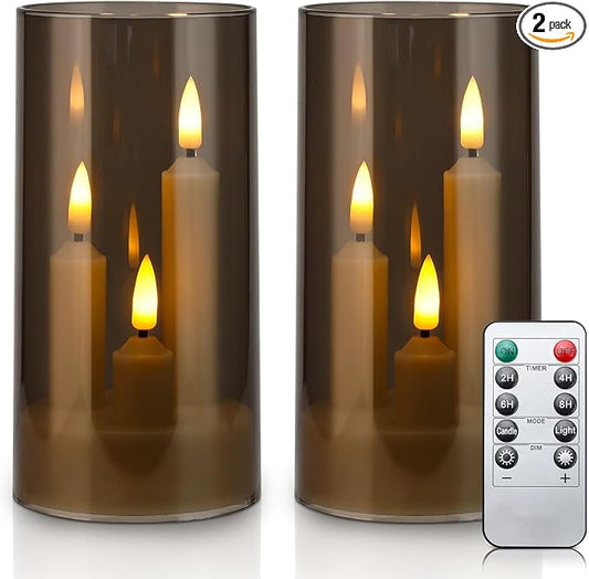 Enido 2 Pc Flameless LED 3-in-1 Taper Candles with Remote & Timer, Battery Operated Acrylic Pillar Set, 3" x 6" Flickering Electric Lights for Cozy Home & Holiday Romantic Decor (Gray)