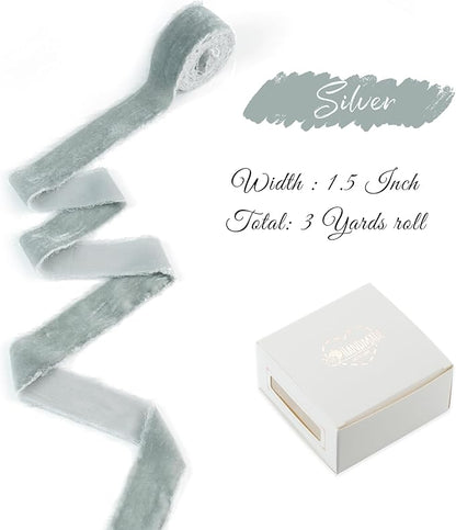 Silver Velvet Ribbon 1.5 inch Silver Frayed Velvet Raw Edge Ribbon for Christmas Wreaths, Tree Decoration, Flower Bouquet, Gift Wrapping, Bows Making -3 Yards