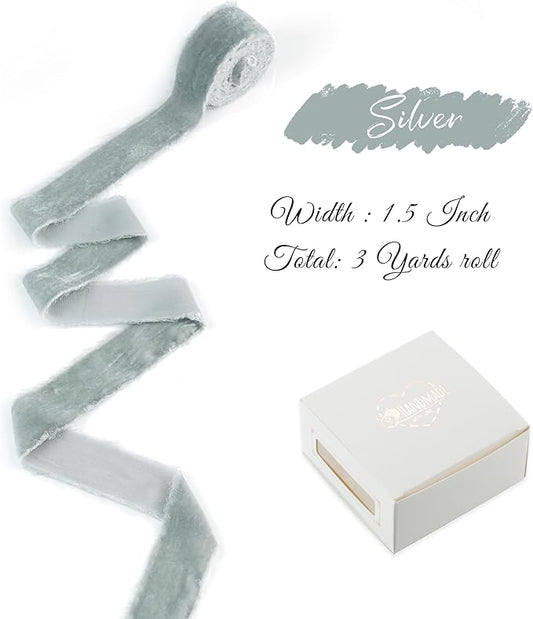 Silver Velvet Ribbon 1.5 inch Silver Frayed Velvet Raw Edge Ribbon for Christmas Wreaths, Tree Decoration, Flower Bouquet, Gift Wrapping, Bows Making -3 Yards