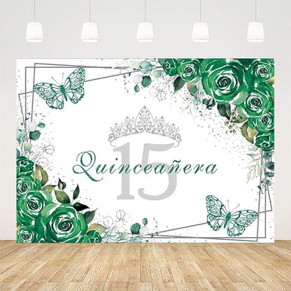Sendy 7x5ft Quinceañera Backdrop Mis Quince 15 Anos Birthday Party Decorations Supplies for Girl Princess Green Floral Butterfly Silver Crown Photography Background Banner Photo Booth Studio Props