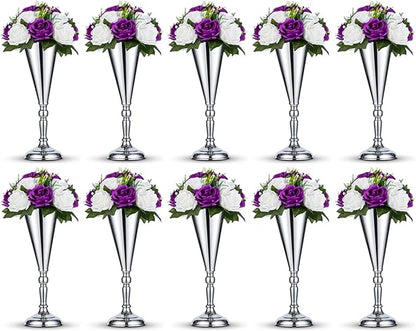 10 Pcs Tabletop Silver Metal Wedding Flower Trumpet Vase, 14 inch Table Decorative Centerpiece Artificial Flower Arrangements for Anniversary Ceremony Party Birthday Event Home Decoration (Silver)