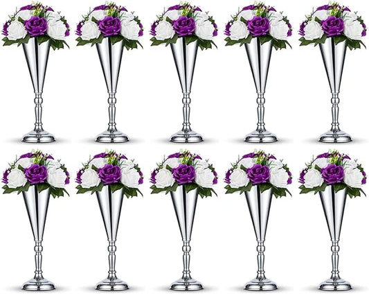 10 Pcs Tabletop Silver Metal Wedding Flower Trumpet Vase, 14 inch Table Decorative Centerpiece Artificial Flower Arrangements for Anniversary Ceremony Party Birthday Event Home Decoration (Silver)