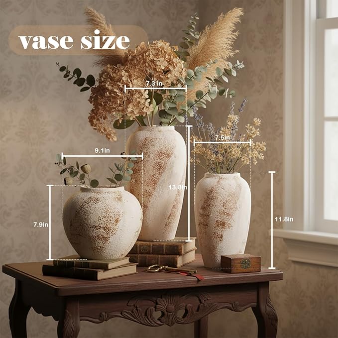Vintage Ceramic Vase, Minimalist Texture Stone Patterned White Flower Vase, Decorative Vase for Living Room Shelf Farmhouse Dining Table Centerpiece Decor (Rustic 13.7'')