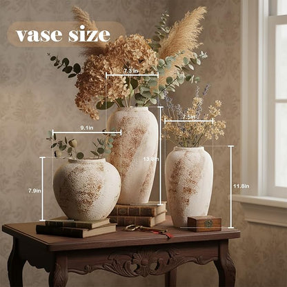 Vintage Ceramic Vase, Minimalist Texture Stone Patterned White Flower Vase, Decorative Vase for Living Room Shelf Farmhouse Dining Table Centerpiece Decor (Rustic 11.8'')