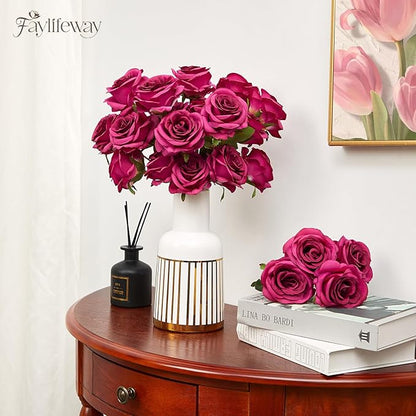 20PCS Artificial Roses Flowers, 3.9'' Silk Flower Head Fake Fuchsia Rose with Long Stems, Realistic Faux Roses Bouquet for DIY Wedding Home Party Office Decoration