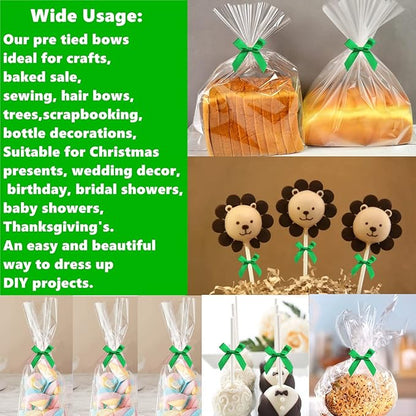 50 Pack Green Pretied Bows, 3" Satin Ribbon Twist Tie Bows for Treat Bags, Pre Tied Ribbon Bows Twist Tie for Crafts, Twist Bows Tied Bows with Wire for Gift Bags, Popcorn Bags, Candy Bags
