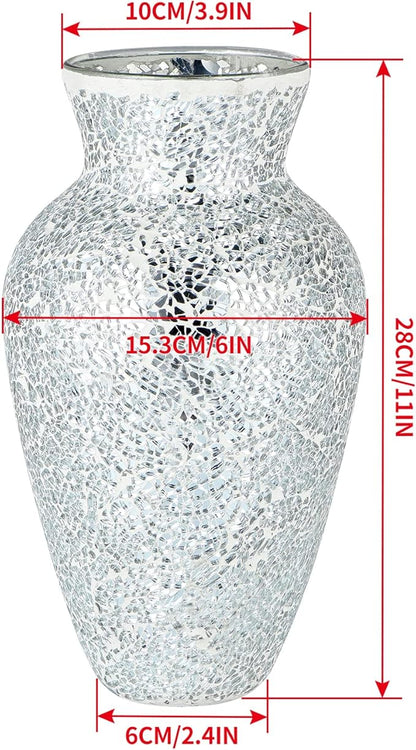 MDLUU Mosaic Vase 11" Tall, Handcrafted Cracked Glass Vase, Decorative Flower Vase for Home Decor, Wedding, Table Centerpiece, Gift (Silver)