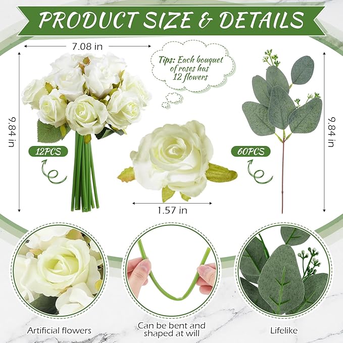 Zeyune 12 Pack Wedding Bridesmaids Bouquets 7 Inch Artificial Rose Bouquets Silk Flowers with Stems Fake Floral Bundles Bulk for Wedding Bridal Shower Party Centerpieces Home Decor(White Green)