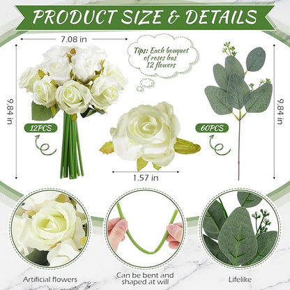 Zeyune 12 Pack Wedding Bridesmaids Bouquets 7 Inch Artificial Rose Bouquets Silk Flowers with Stems Fake Floral Bundles Bulk for Wedding Bridal Shower Party Centerpieces Home Decor(White Green)