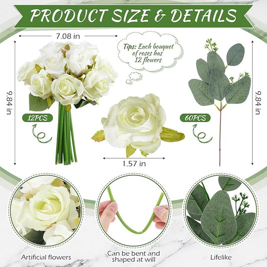 Zeyune 12 Pack Wedding Bridesmaids Bouquets 7 Inch Artificial Rose Bouquets Silk Flowers with Stems Fake Floral Bundles Bulk for Wedding Bridal Shower Party Centerpieces Home Decor(White Green)