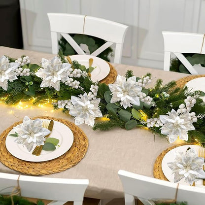 50pcs Glitter Poinsettia Christmas Ornaments, Artificial Flowers with Clips Stems for DIY Wreath Making, Holiday Home Party Decorations, Indoor Use (White)