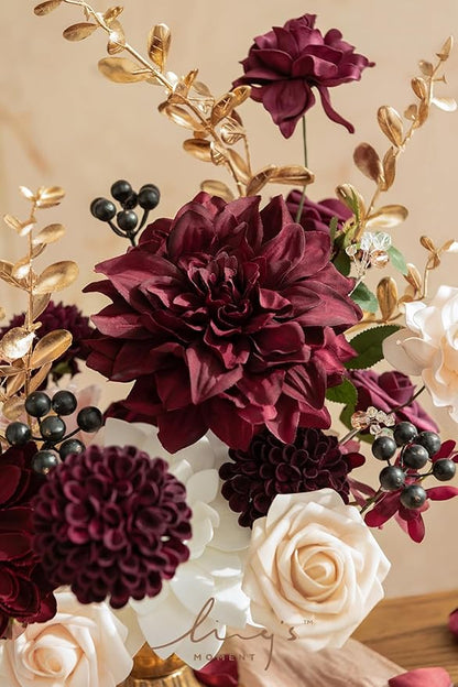 Ling's moment Fake Flowers Box, Faux Artificial Greenery Stems Foam Roses Gardenias Berries Silk Dahlia Fabic Flower for Centerpieces Bouquet Wedding Floral Vase, Marsala & Soft Peach, Deluxe Combo