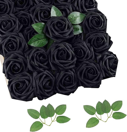 Artificial Black Flowers Fake Roses 50 PCS, DIY Flower Heads with Stem for Crafts Bouquets for DIY Wedding Decorations Centerpieces Arrangements Party Home Garden Decor