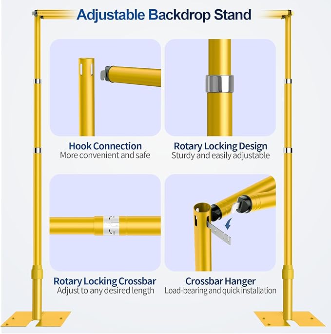 8.9x10ft Pipe and Drape Backdrop Stand, Double Crossbar, Heavy Duty Adjustable Background Frame with Metal Base for Parties Photography Wedding Photoshoot Decoration - Gold