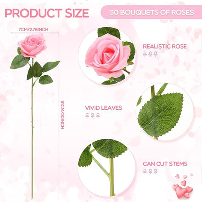 Jexine 50 Pcs Artificial Rose Flower Bulk Realistic Silk Fake Roses with Long Stem Plastic Artificial Flower Bouquet Real Looking for Home Wedding Centerpieces Party Decoration(Pink)
