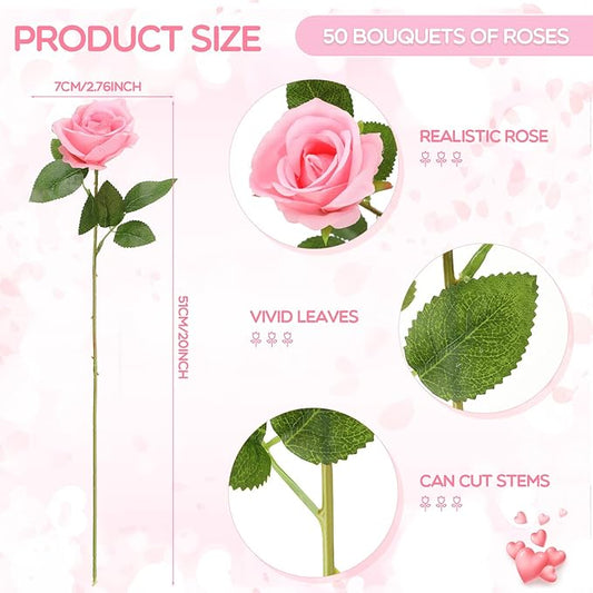 Jexine 50 Pcs Artificial Rose Flower Bulk Realistic Silk Fake Roses with Long Stem Plastic Artificial Flower Bouquet Real Looking for Home Wedding Centerpieces Party Decoration(Pink)