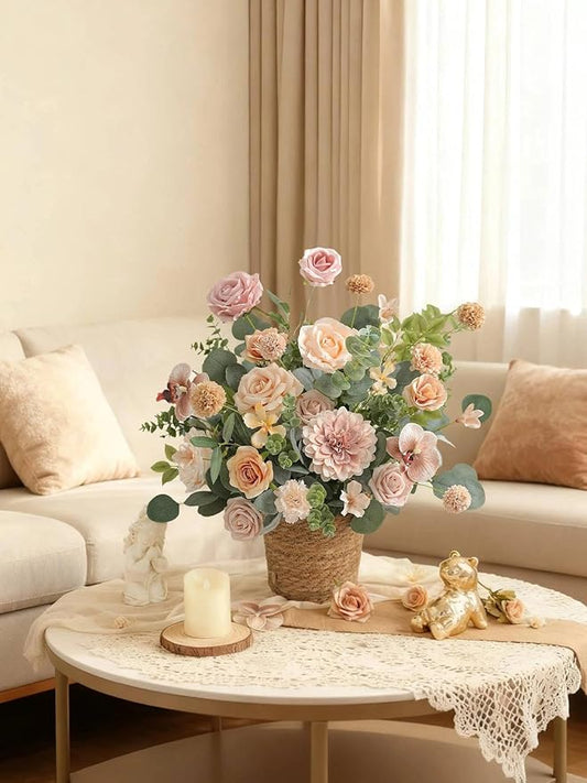 Artificial Flowers Set Champagne Coffee Silk Fake Flowers with Stems for DIY Wedding Bridal Bouquets Cake Arch Floral Arrangement Table Centerpieces Baby Shower Party Home Decorations