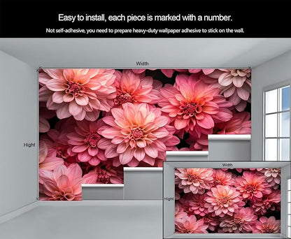 Pink Dahlia Floral Wall Mural, Blush Pink Dahlia 3D Wall Murals, Romantic Floral Wallpaper Mural, for Living Room Bedroom Large Wallpaper Indoor Decor 169.3" W x118.2 H