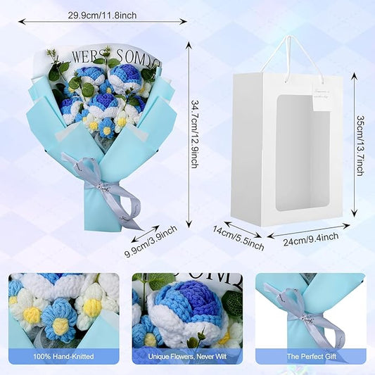 Foyucool Crochet Flowers Bouquet, Handmade Knitted Rosy Blue Bouquet with Gift Bag for Home Deocor, Crocheted Finished Flower for Wedding, Mother's Day, Teachers' Day and Valentine's Day, Blue White