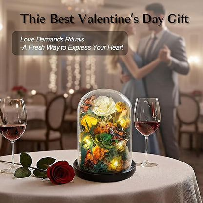 Preserved Rose with Butterfly, LED Forever Flowers in Glass Dome, Eternal Flowe for Women, Birthday Gifts for Mom Friend, Includes Greeting Card & Luxury Gift Box (Green)