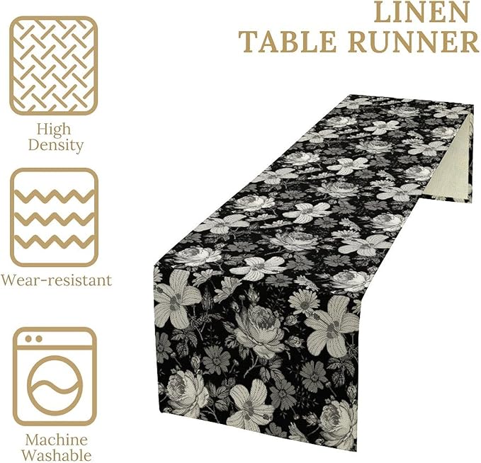 Black Floral Table Runner, Abstract Vintage Black White Floral Plants Leaves Boho Dark Gothic Garden Table Runner for Indoor Outdoor Party Wedding Decor, 13x108inch