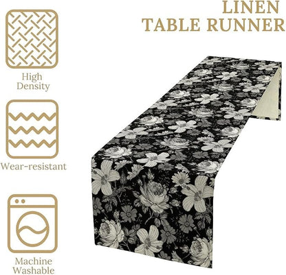 Black Floral Table Runner, Abstract Vintage Black White Floral Plants Leaves Boho Dark Gothic Garden Table Runner for Indoor Outdoor Party Wedding Decor, 13x36inch