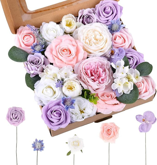 Jspupifip Purple Pink Artificial Flowers Combo Box, Silk Floral Wedding Bouquets Rose with Stem for DIY Wedding Arrangement Bridal Baby Shower Flower Vase Centerpiece Cake Decor