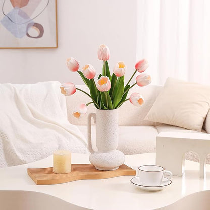 10PCS Artificial 18.5" Long Stem Blush Pink Tulips Bouquet PU Flowers, Fake 6 Color Tulip Faux Flowers with Bendable Stems for Floral Table Wedding Home Decor