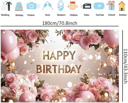 Pink Rose Happy Birthday Backdrop Banner Gold Letters Floral Photography Background Girls Birthday Party Decorations Elegant Party Supplies Photo Booth Props 71x43 Inch
