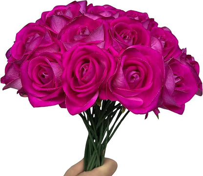 FagusHome 30 Pcs Silk Rose Artificial Flowers Roses Bulk Bouquet Fake Flowers Rose Heads with Stems for Home Wedding Decor (Purple)