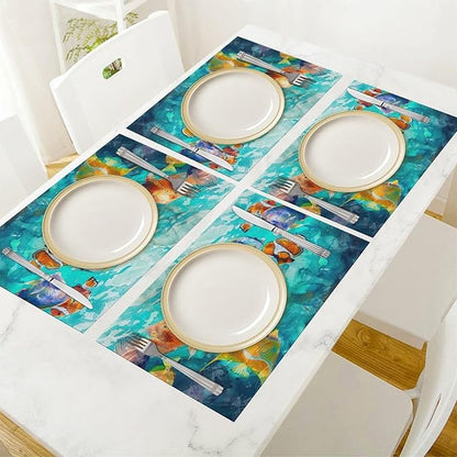 Fishing Placemats Set of 4 Colorful Fish Place Mats Heat Resistant for Dining Table Ocean Animals Fishes Waterproof Washable Table Mats Kitchen Dining Decoration 4 PCS
