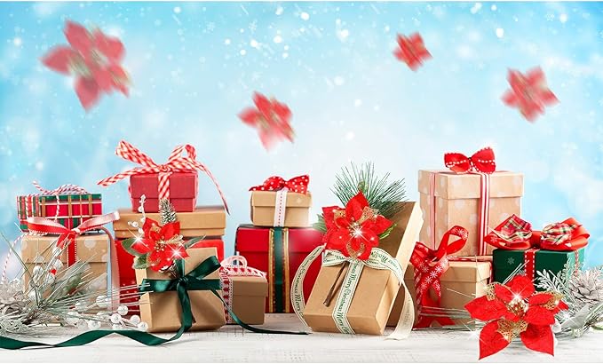 Boao 24 Pieces Christmas Artificial Glitter Poinsettia Flowers Xmas Flowers Wedding Christmas Tree New Year Ornaments(Red)