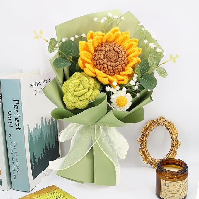 Handmade Crochet Sunflowers Rose Daisy as a Gift for Lover, Family,Friends. Crochet Bouquet, Crocheted Yarn Flowers, Artificial Flower Finished Bouquet (Yellow&Brown)