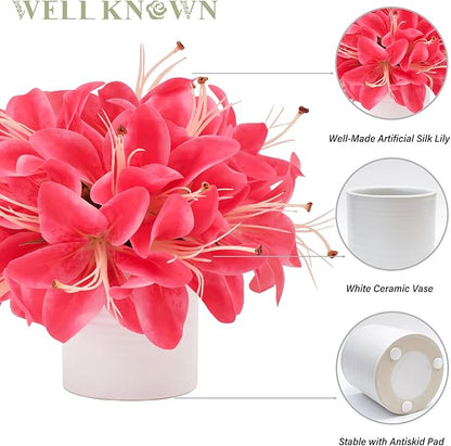 Artificial Flowers in Vase, Fake Lily Flowers with White Ceramic Vase, Small Potted Faux Floral Arrangements for Home Desk Kitchen Lavatory Coffee Tea Wedding Table Centerpiece Decor (Hot Pink)